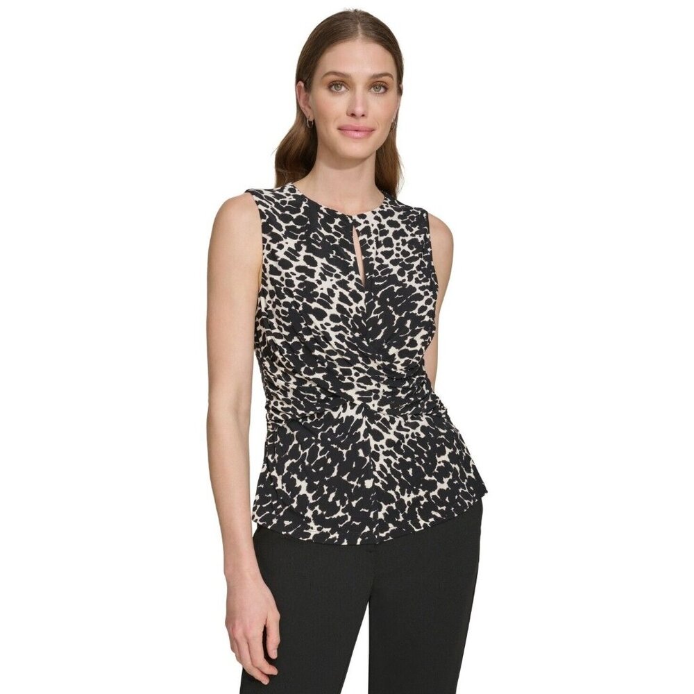 Dkny Women Printed Sleeveless Criss-Cross-Drape Top Black/Cloud Size L MSRP $49
